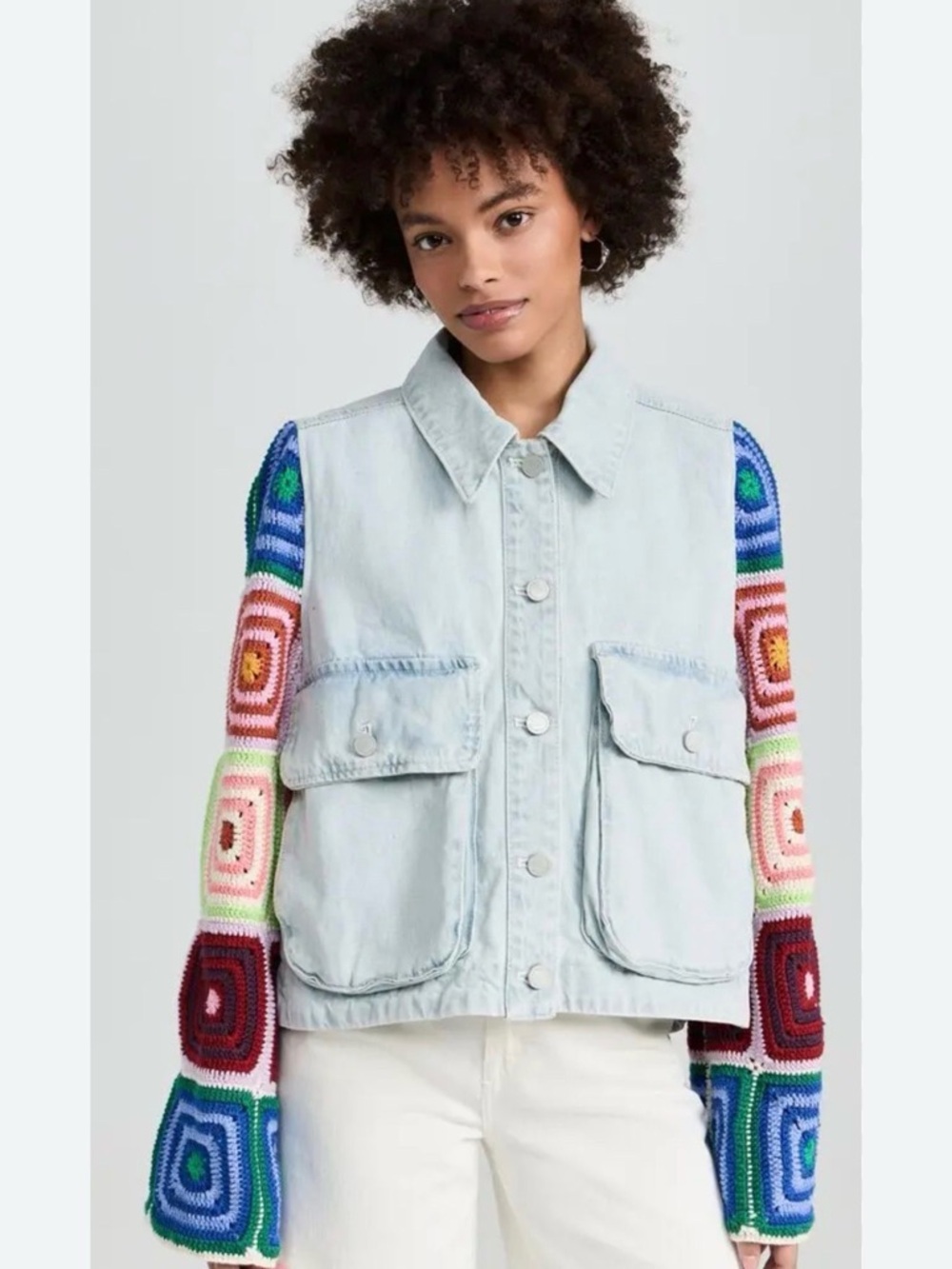 BLANKNYC Light Wash Denim Jacket with Multicolor Crochet Sleeves